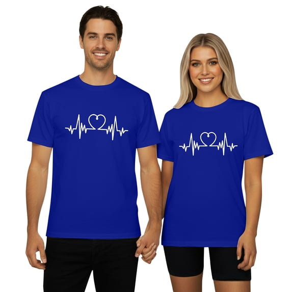 KHONTS Couple Valentine's Day T Shirts Men and Women Crew Neck Short Sleeve Tops Heart Printed Sweat Tees Women-Blue XL