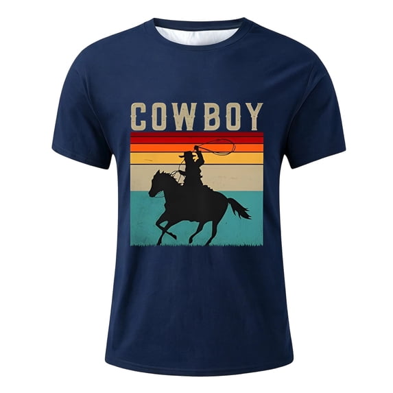 KHONTS Cowboy Shirts for Boys Western Style Denim Graphic Crew Neck T-Shirt,Size 2-13 Years Navy 130