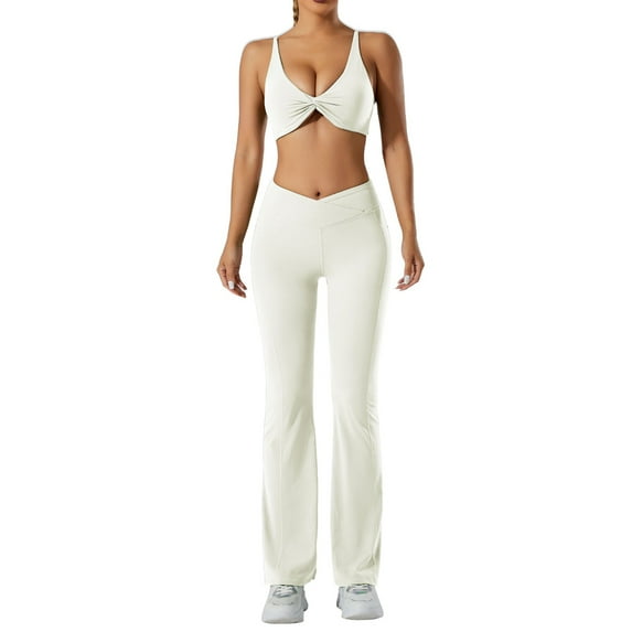 KHONTS Crossover Flare Leggings for Women High Waisted Yoga Workout Pants Stretchy Soft Smoothing Athletic Pants White XL