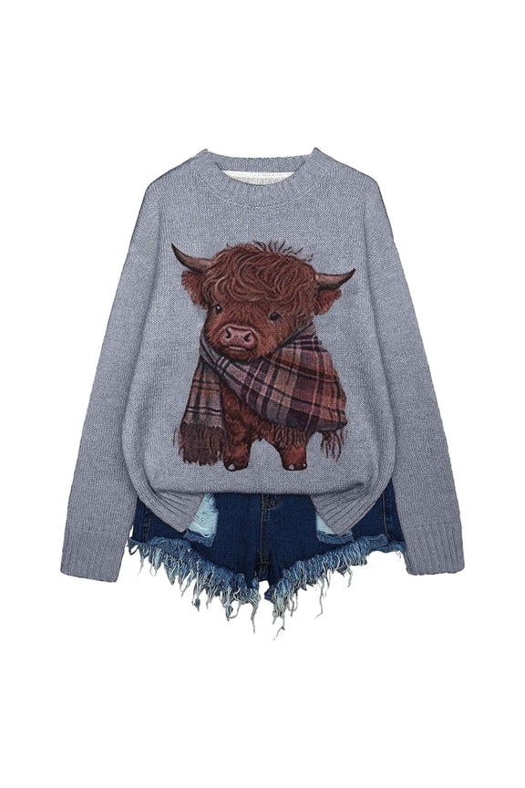 Cute Highland Cow Print Sweaters for Women Long Sleeve Knit Drop Shoulder Casual Pullover Tops Comfy Loose Sweatshirt Dark Gray XL