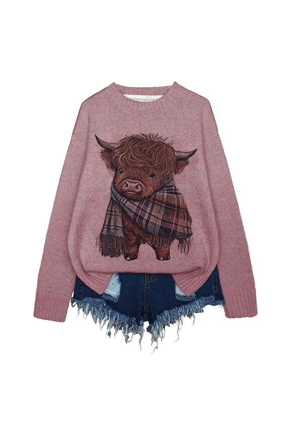 Cute Highland Cow Print Sweaters for Women Long Sleeve Knit Drop Shoulder Casual Pullover Tops Comfy Loose Sweatshirt Pink S