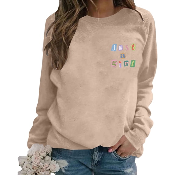 KHONTS Cute Just a Girl Sweatshirt for Teen Girls Sweatshirts Letter Graphic Long Sleeve Pullover Tops Khaki M