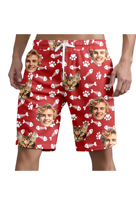 DIY Gift for Men Customized Swim Trunks Personalized Quick Dry Swimwear Board Shorts with Face Red XXXL