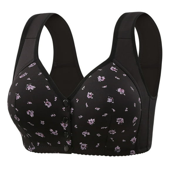 KHONTS,Daisy Bras for Older Women Front Closure No Underwire Full Coverage Everyday Bras Comfort Breathable Cotton Bralettes Black 48
