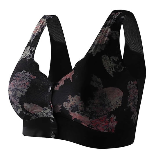 KHONTS Daisy Bras for Older Women Wireless Seamless Bra Front Closure Convenient Snap Sleep Bralettes for Everyday Black XXXL