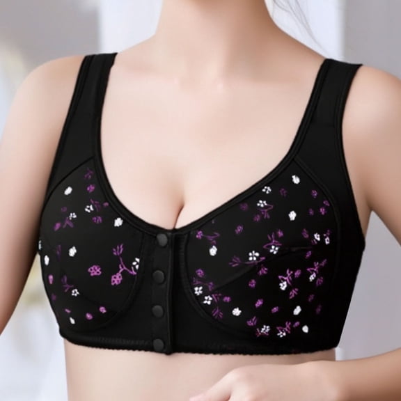 KHONTS Daisy Bras for Women Plus Size Front Closure Bra Floral Senior Casual Fashion No Underwire Comfortable Bralettes Black XXXXL