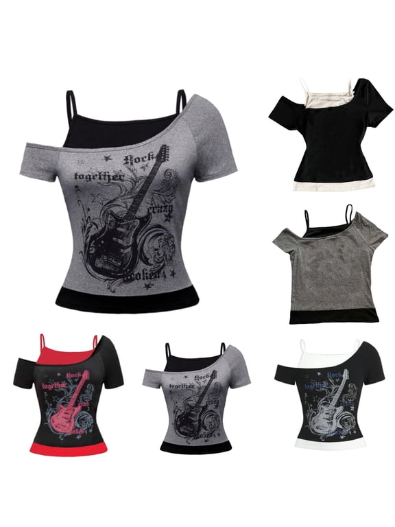 Emo Grunge Shirts Women 2000s Graphic Tees 2-in-1 Short Sleeve Retro Crop Top Goth Alt Clothes Hot Pink XL