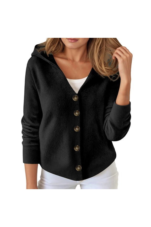 Fall Sweaters for Women Open Front Button up Hooded Sweaters V Neck Long Sleeve Knit Outerwear Cardigan Sweaters Black M
