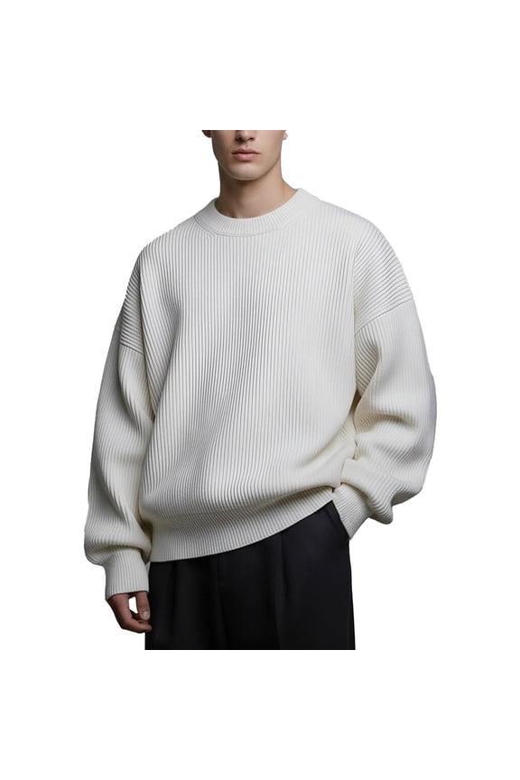 Fall Winter Knitted Sweater for Men Casual Thermal Business Work Pullover Tops Textured Crew Neck Long Sleeve Jumper White S