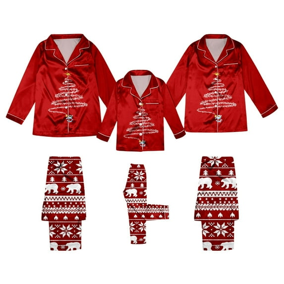 KHONTS Family Christmas 2 Piece Satin Pajama Set Xmas Printed Long Sleeve Button Shirt and Pants Sleepwear 3-Kids 130