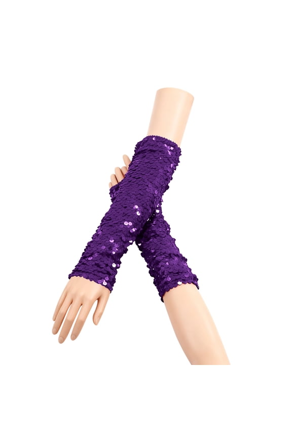 Fashion Sparkly Sequins Gloves for Women and Girls Long Fingerless Elastic Glitter Rave Party Gloves Purple One Size