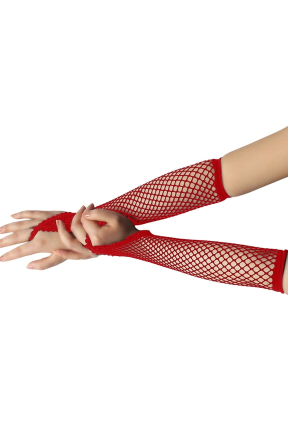 Fingerless Long Fishnet Gloves for Women Elbow Length Mesh Gloves Rave Prom Accessories Red One Size