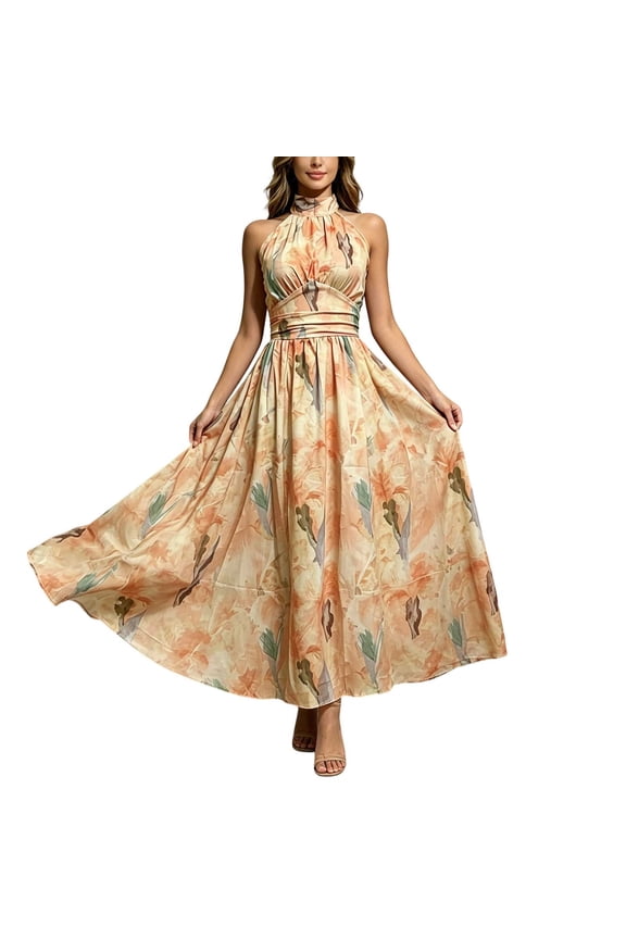 Floral Chiffon Halter Sleeveless Maxi Dress for Women Wedding Guest Turtle Neck Dresses Spring Party Dresses Orange L