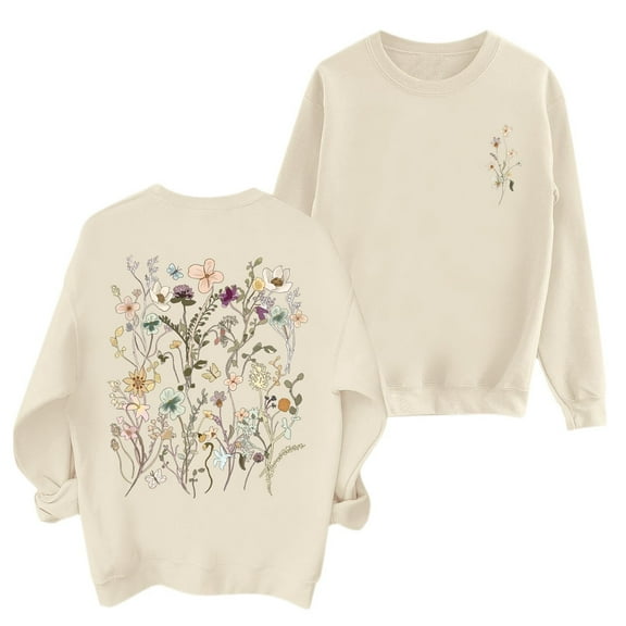 KHONTS Floral Flower Graphic Sweatshirts for Women Vintage Wildflower Crewneck Long Sleeve Pullovers Tops Beige S