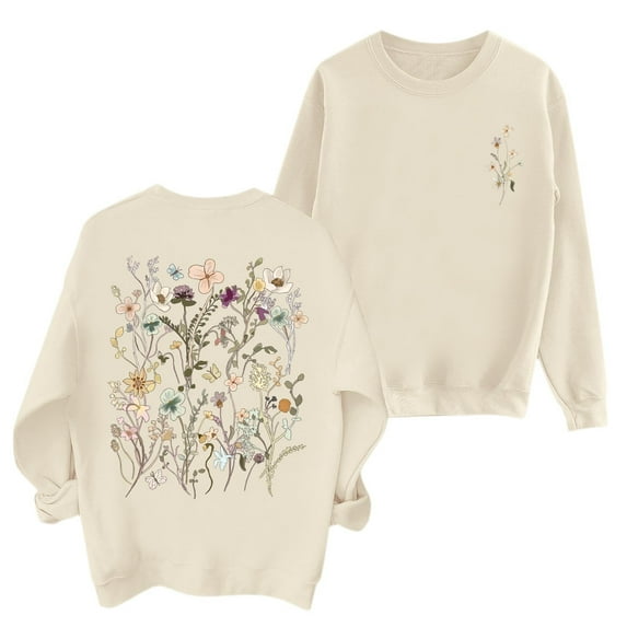 KHONTS Floral Flower Graphic Sweatshirts for Women Vintage Wildflower Crewneck Long Sleeve Pullovers Tops Beige XL