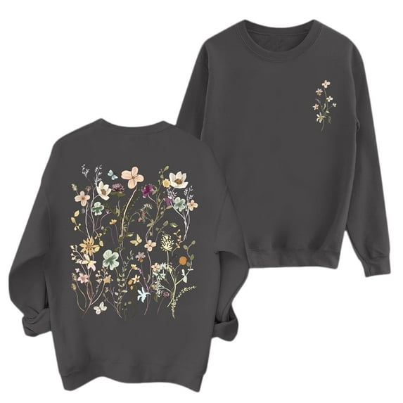 KHONTS Floral Flower Graphic Sweatshirts for Women Vintage Wildflower Crewneck Long Sleeve Pullovers Tops Grey XL