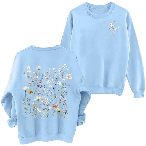 KHONTS Floral Flower Graphic Sweatshirts for Women Vintage Wildflower Crewneck Long Sleeve Pullovers Tops Z1-Blue XL