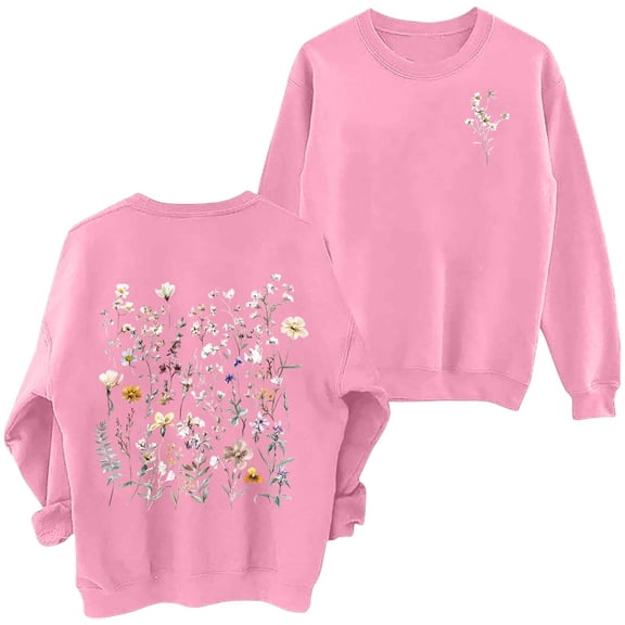 KHONTS Floral Flower Graphic Sweatshirts for Women Vintage Wildflower Crewneck Long Sleeve Pullovers Tops Z1-Pink XL