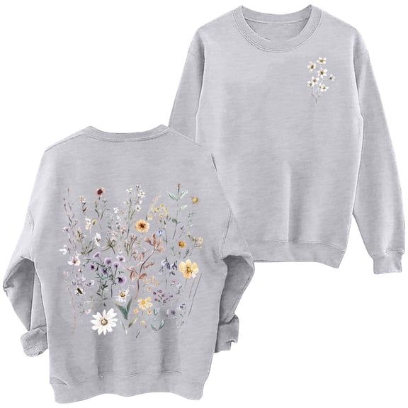 KHONTS Floral Flower Graphic Sweatshirts for Women Vintage Wildflower Crewneck Long Sleeve Pullovers Tops Z2-Grey L