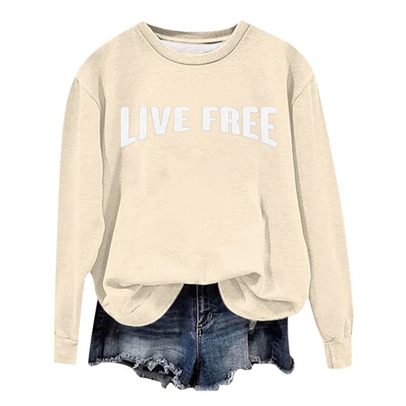KHONTS Free Letter Printed White Sweatshirt for Women Casual Loose Fit Fall Pullovers Sweatshirts Long Sleeve Soft Comfy Tops C-Beige M