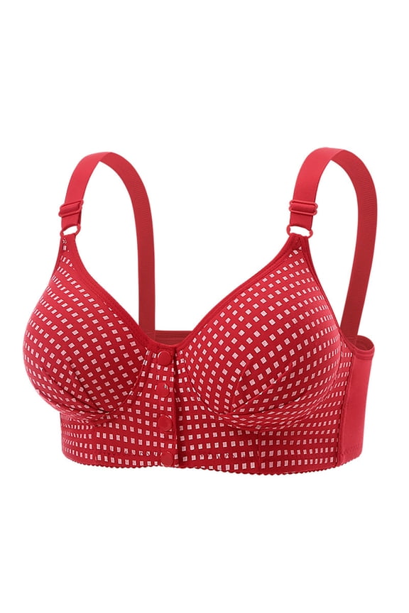Front Closure Bras for Seniors Plaid Printed No Underwire High Support Bras Full Coverage Push up Soft Comfortable Bralettes Red XL