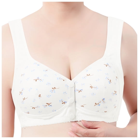 KHONTS Front Snap Senior Push up Bras for Old Women Floral Printed Plus Size Soft Bra Thin Pad Breathable Bralettes White M