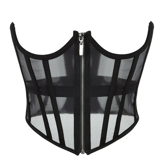 KHONTS Front Zipper Closure Lace Corset Belt Waist Corset Top For Women Mesh Open Cup Lace Up Boned Bustier Underbust Corset Waist Cincher Corset Black XL