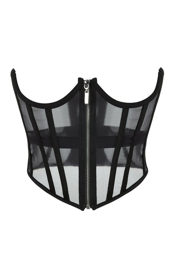 Front Zipper Closure Lace Corset Belt Waist Corset Top For Women Mesh Open Cup Lace Up Boned Bustier Underbust Corset Waist Cincher Corset Black XXL