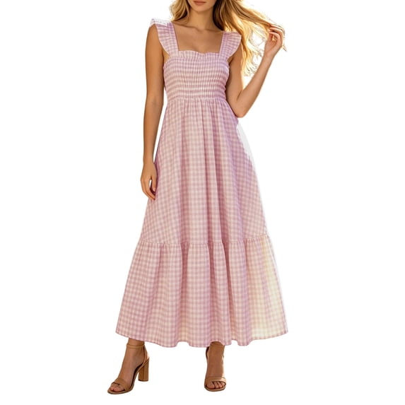 KHONTS Gingham Maxi Dresses for Women Ruffle Strap Sundress Sleeveless Flowy Long Dresses Pink L