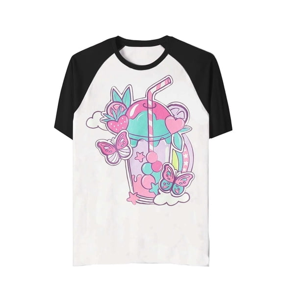 KHONTS Girl Graphic T-Shirt Color Blocking Print Lightweight Tops Short Sleeve Round Neck Summer Cute Casual Daily Wear T-Shirts Black 160