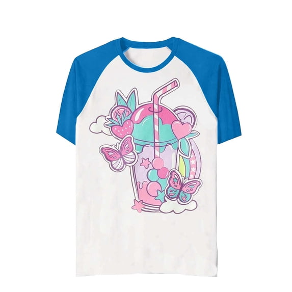 KHONTS Girl Graphic T-Shirt Color Blocking Print Lightweight Tops Short Sleeve Round Neck Summer Cute Casual Daily Wear T-Shirts Blue 150