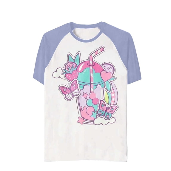 KHONTS Girl Graphic T-Shirt Color Blocking Print Lightweight Tops Short Sleeve Round Neck Summer Cute Casual Daily Wear T-Shirts Light Purple 140