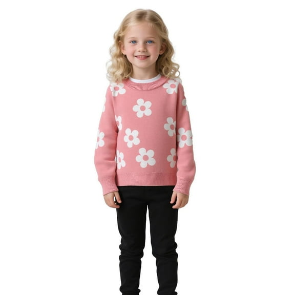 KHONTS Girl's Casual Flower Print Crew Neck Long Sleeve Pullover Sweater Cute Fall Winter Warm Soft Jumper Tops,Sizes 1-7 Years Pink 90