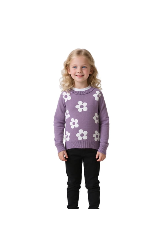 Girl's Casual Flower Print Crew Neck Long Sleeve Pullover Sweater Cute Fall Winter Warm Soft Jumper Tops,Sizes 1-7 Years Purple 120