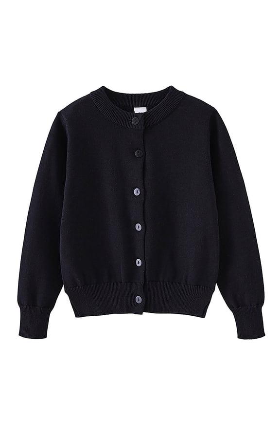 Girls Classic Knit Cardigan Sweater Crew Neck Button Front Long Sleeve Outerwear for Kids,Sizes 1-14 Years Black 90