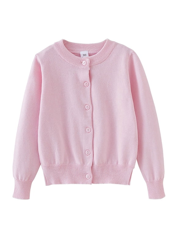 Girls Classic Knit Cardigan Sweater Crew Neck Button Front Long Sleeve Outerwear for Kids,Sizes 1-14 Years Pink 90
