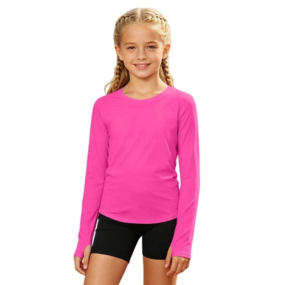 KHONTS Girls Long Sleeve Athletic Shirts Kids Crewneck Workout Tops Basic Tees Activewear,Size 4-14 Years Hot Pink 120
