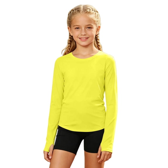 KHONTS Girls Long Sleeve Athletic Shirts Kids Crewneck Workout Tops Basic Tees Activewear,Size 4-14 Years Yellow 160