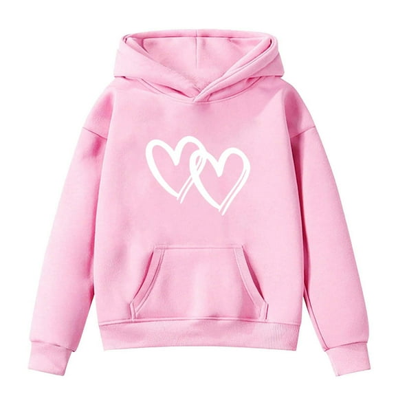 KHONTS Girls Long Sleeve Fleece Hooded Sweatshirts with Heart Print Casual Loose Fit Pullovers Hoddies Jacket for Kids,Sizes 3-14 Years