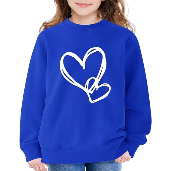 KHONTS Girls Long Sleeve Fleece Sweatshirts with Heart Print Casual Loose Fit Pullovers Tops Jacket for Kids,Size 3-14 Years Blue 120