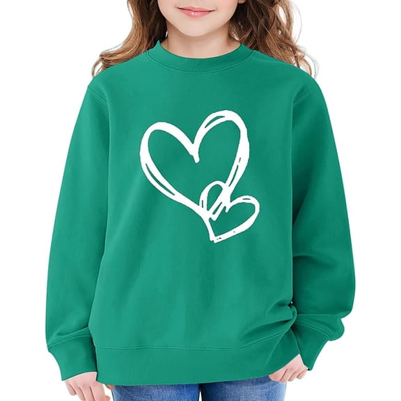 KHONTS Girls Long Sleeve Sweatshirts with Heart Print Casual Loose Fit Pullovers Tops Jacket for Kids,Size 3-14 Years Green 120