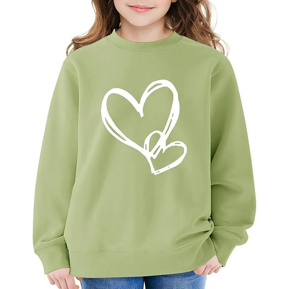 KHONTS Girls Long Sleeve Sweatshirts with Heart Print Casual Loose Fit Pullovers Tops Jacket for Kids,Size 3-14 Years Light Green 140