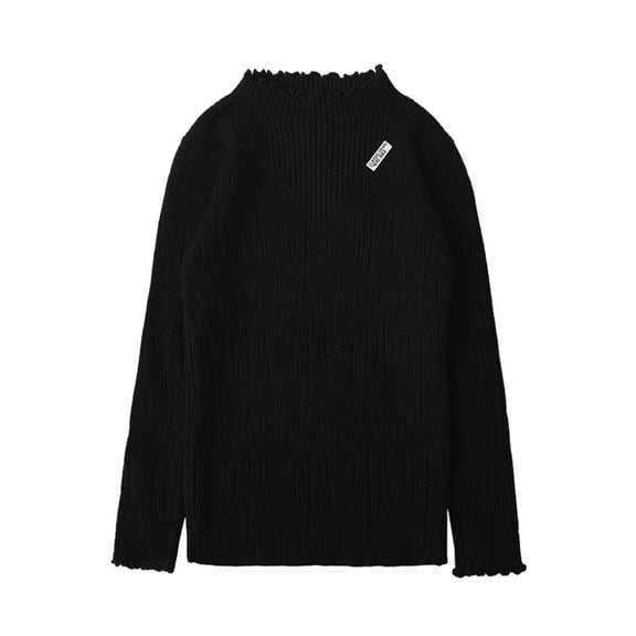 KHONTS Girls Neck Sweater Long Sleeve Knit Top Solid Ruffled Collar Undershirt Slim Fit Lettuce Trim,Sizes 3-10 Years Black 150