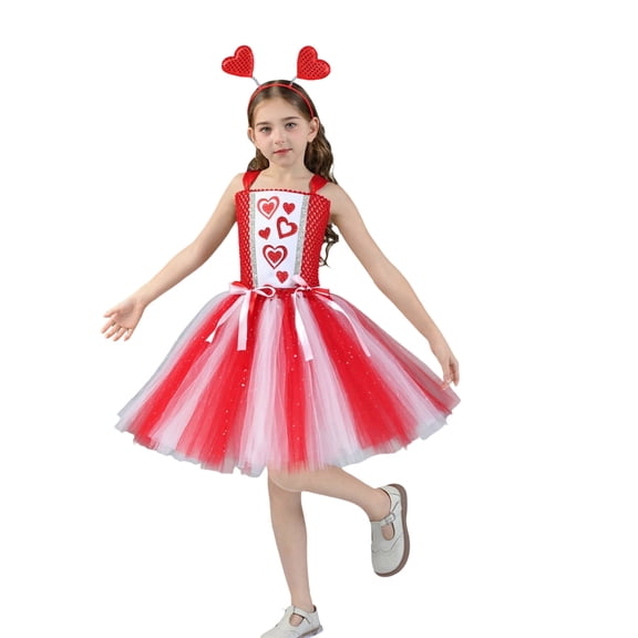 KHONTS Girls Sheer Mesh Tutu Skirts Outfits with Headband Red L