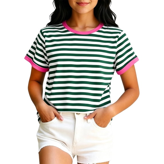 KHONTS Girls Striped T Shirt Summer Cute Tops Classic Basic Short Sleeve Crewneck Tees,Size 2-13 Years Green 100