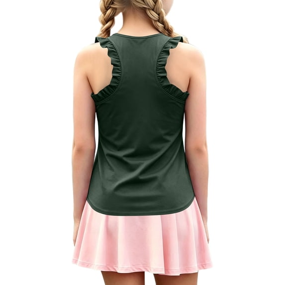 KHONTS Girls Summer Workout Tank Tops Ruffle Sleeveless Racerback Crewneck Casual Loose Activewear Army Green 150