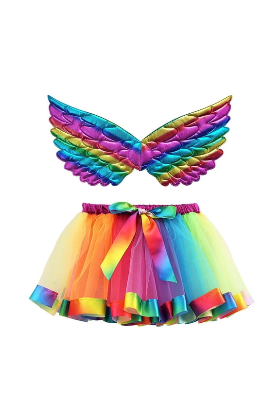 Girls Tutu Skirts Sets Layered Tulle Ballet Skirt with Wing 2 Piece Festival Colorful Tutu Dress Up,Size 2-8 Years 01-Multicolour M