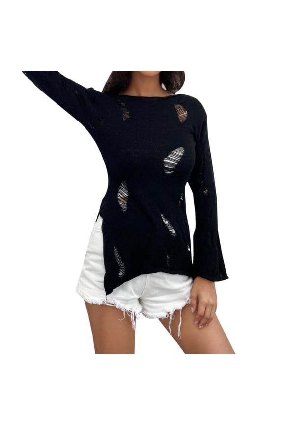 Goth Y2k Sweater for Women Casual Crew Neck Long Sleeve Sweater Shirts Hole Ripped Crop Tops Black XL