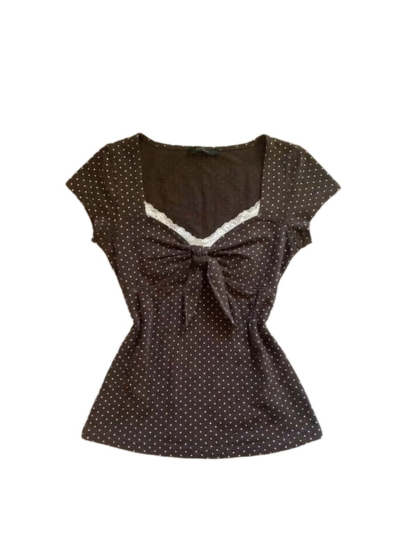 Grunge Emo Goth Polka Dot T-Shirts for Women Y2k Lace Trim Bow Coquette Tops Vintage Graphic Tee Squared Neck 2000s Summer Tops Coffee M