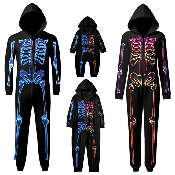 KHONTS Halloween Family Matching Onesies Pajamas Skeleton Printed Bodysuit Sets Hooded Jumpsuit Funny Loungewear for Adult and Kids Baby 3M